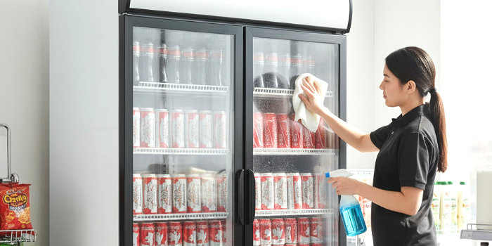 Limpiando el cristal de un armario expositor con una bayeta