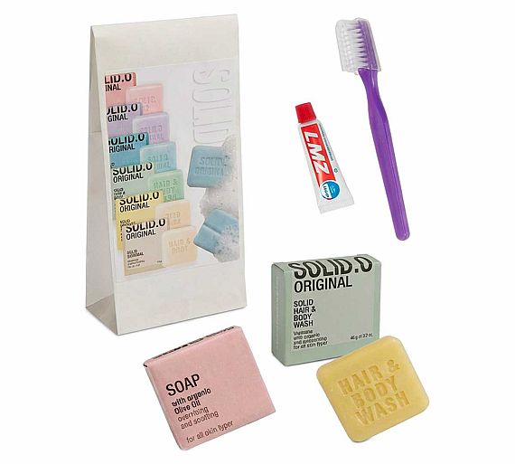 Bio Amenities Set Baño y Dental Solid.O Incluye: Gel/Champú, Jabón, Cepillo y Pasta Dental